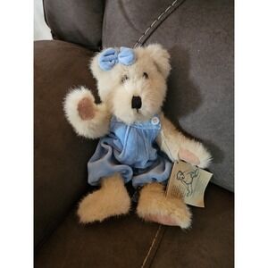 Boyds Bears "Sasha" -  White/Tan Plush in Baby Blue Velvet Romper And Blow